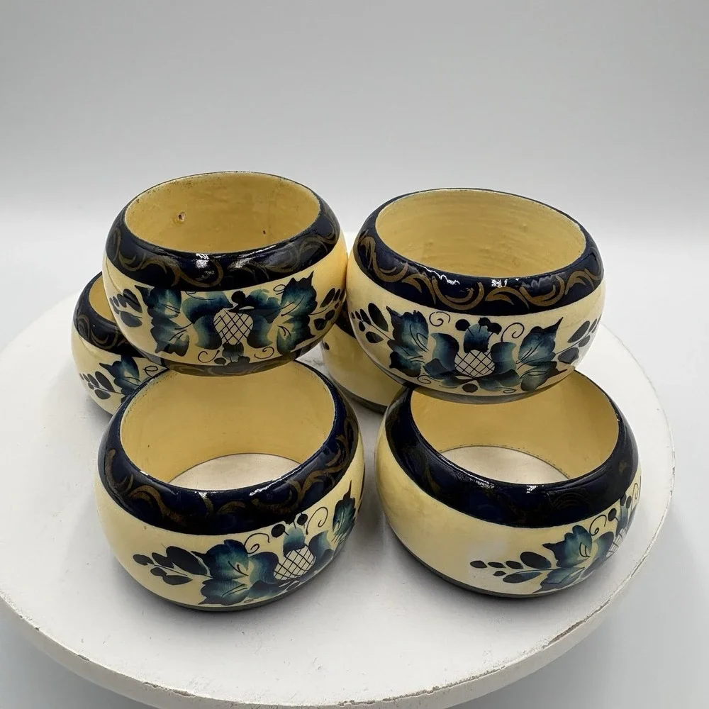 6 Hand Painted Wood Napkin Rings Vintage Blue Floral